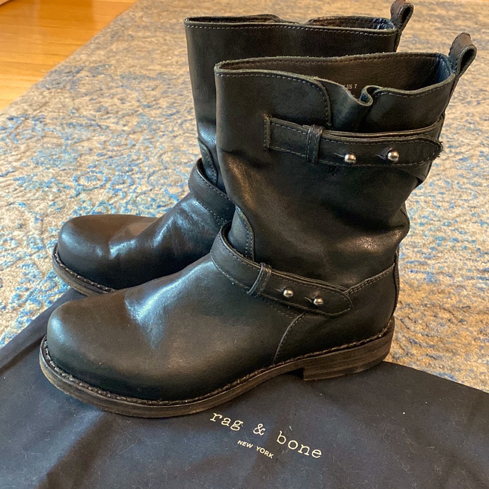 Rag & Bone Short Moto Boot Flat Leather Black 7